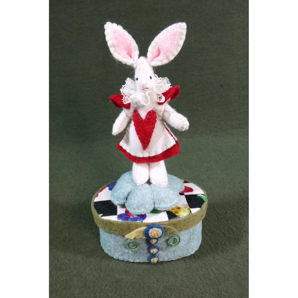 UNUSUAL felt pin cushion White Rabbit trinket box HANDCRAFTED